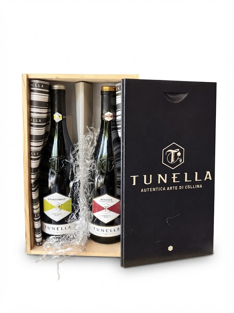 Confezione Regalo in Legno "Tunella" con Chardonnay e Refosco